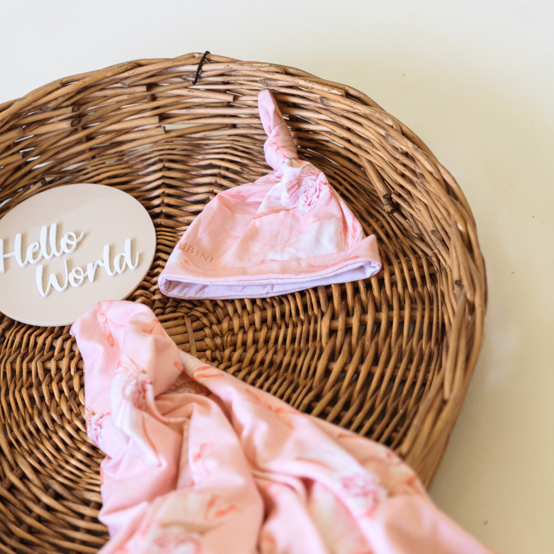 Pretty Pink 'Bows' Organic Jersey Wrap & Beanie Set