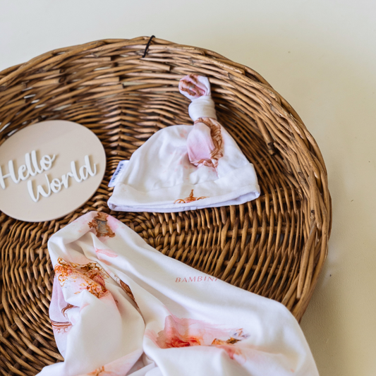 Pretty Pink 'Treasures' Organic Jersey Wrap & Beanie Set