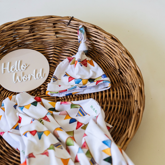 Rockinghorse Days 'Bunting' Organic Jersey Wrap & Beanie Set