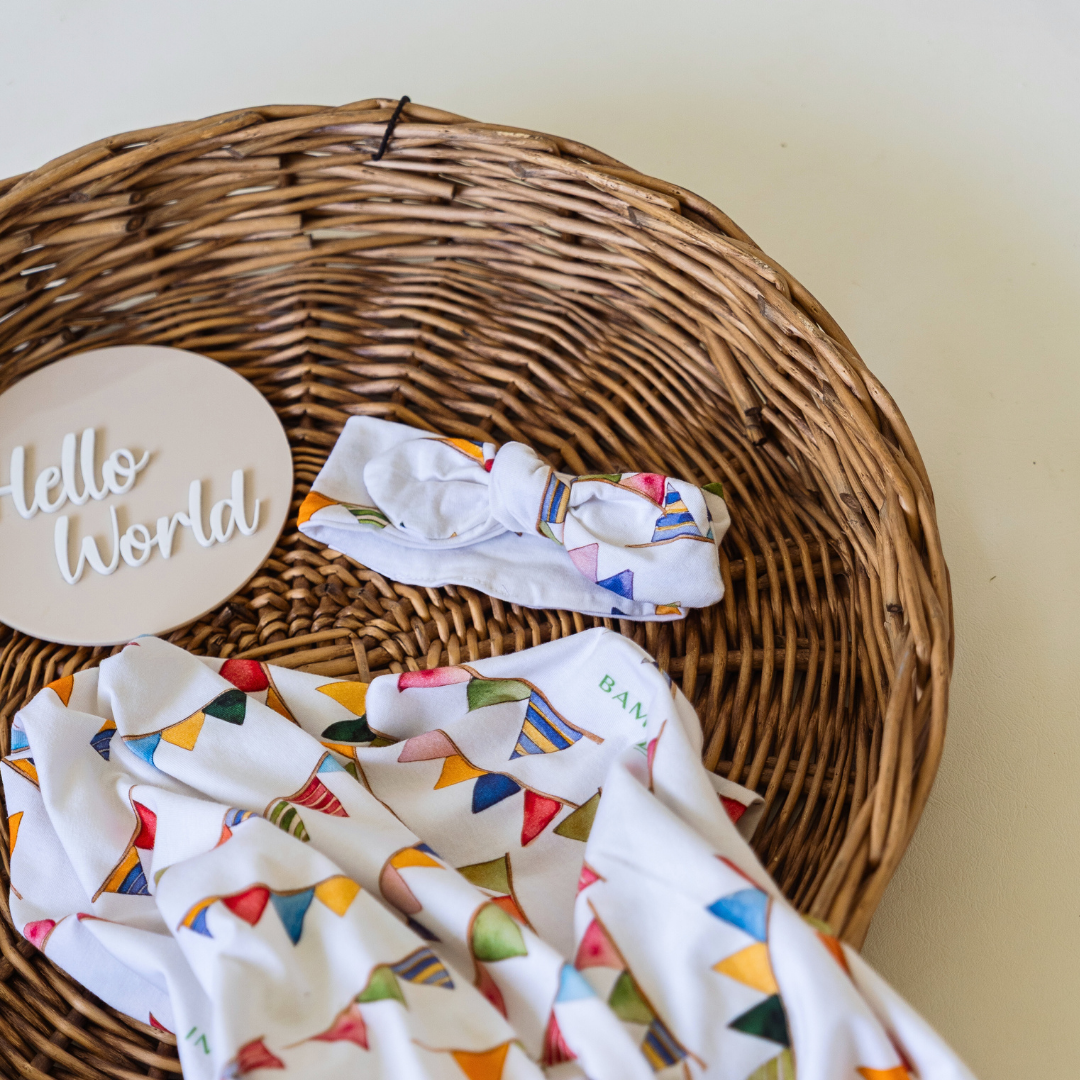 Rockinghorse Days 'Bunting' Organic Jersey Wrap & Topknot Set