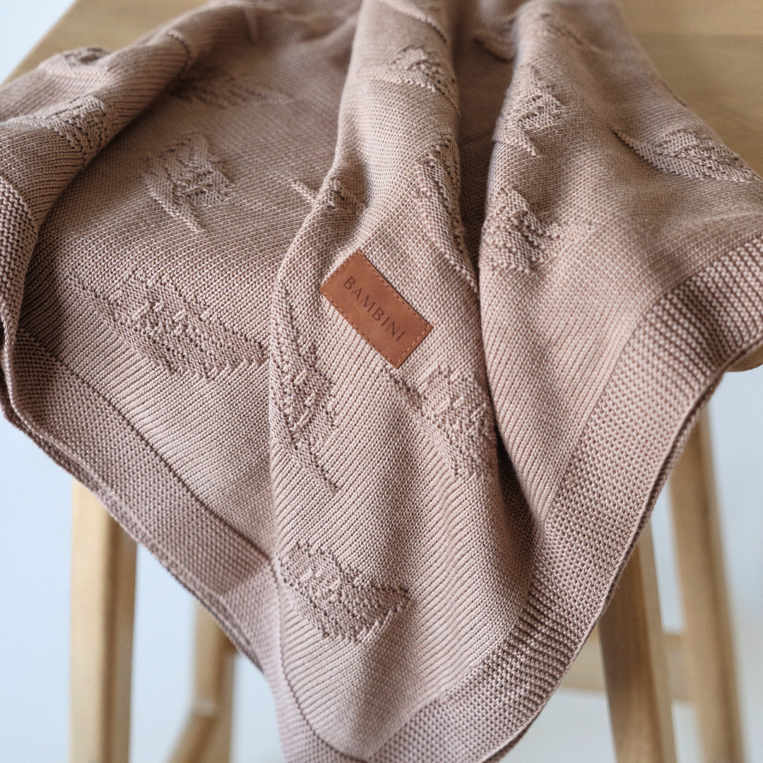 Taupe Leaf Design Organic Bamboo Knitted Blanket